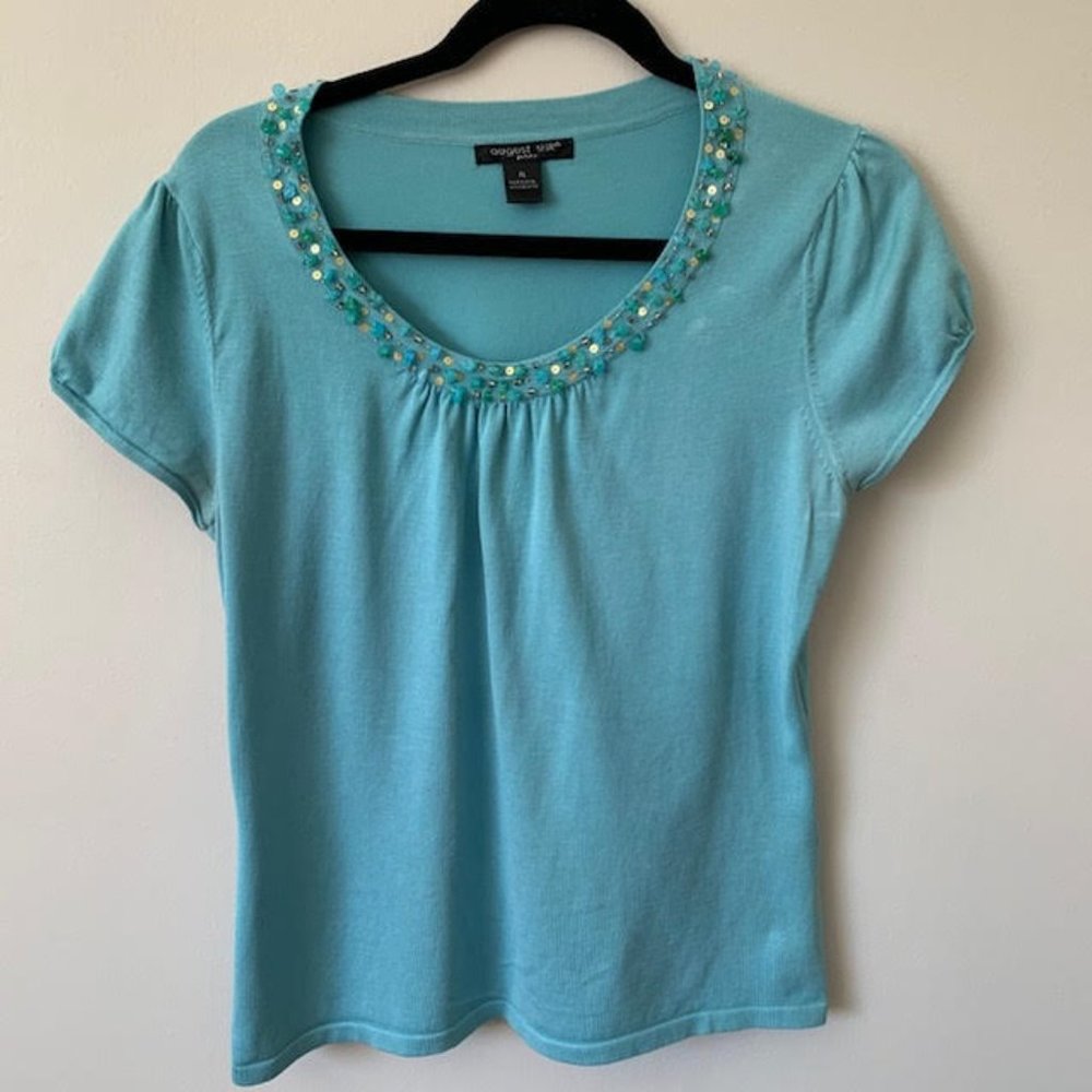 August silk aqua sweater with beading- Petite